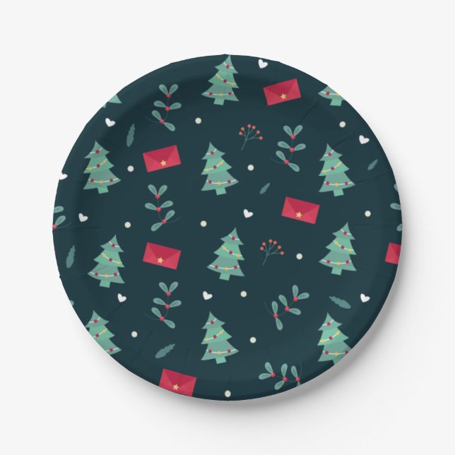 Christmas Trees and Holly Modern Pattern Dark Blue Paper Plates (Front)