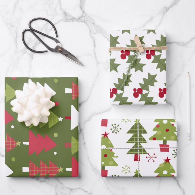 Christmas Trees and Holly Red and Green Wrapping Paper Sheets (Front)