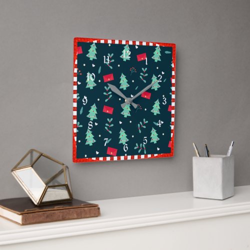 Christmas trees and holly square wall clock