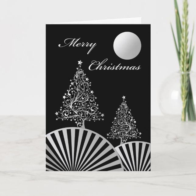 Christmas Trees and Moon, Modern Silver Design Card (Front)