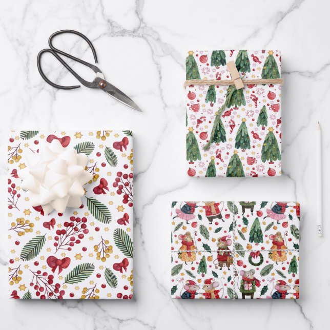 Christmas Trees and Mouse Wrapping Paper Sheets (Front)