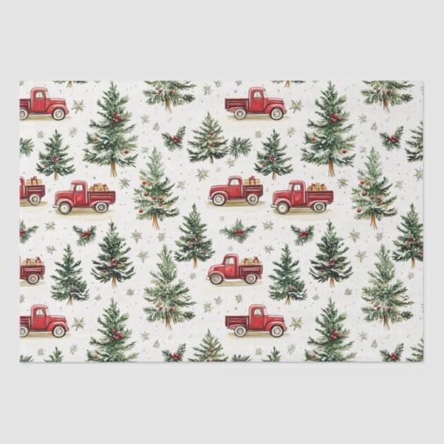 Christmas Trees and Old Red Trucks Tissue Paper (Front)