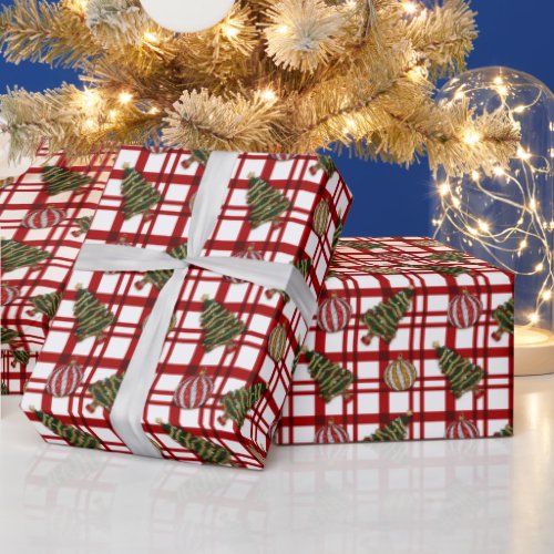 Christmas Trees and Ornaments Plaid Christmas Wrapping Paper