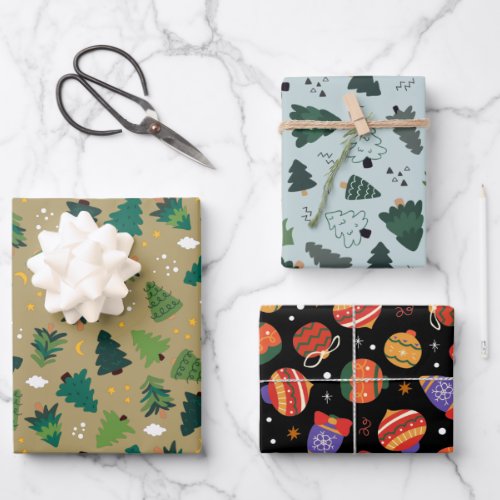 Christmas Trees and Ornaments Set of 3 Holiday Wrapping Paper Sheets