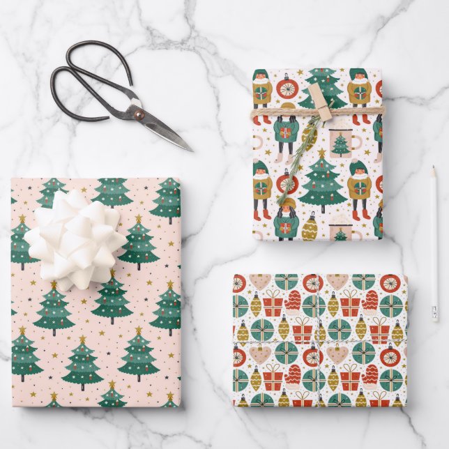 Christmas Trees and Ornaments Wrapping Paper Sheets (Front)