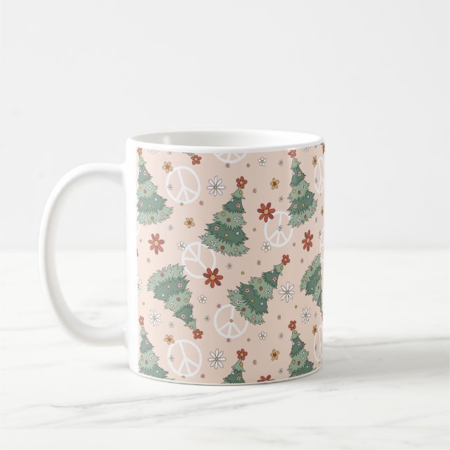 Christmas Trees and Peace Signs Pattern Coffee Mug (Left)
