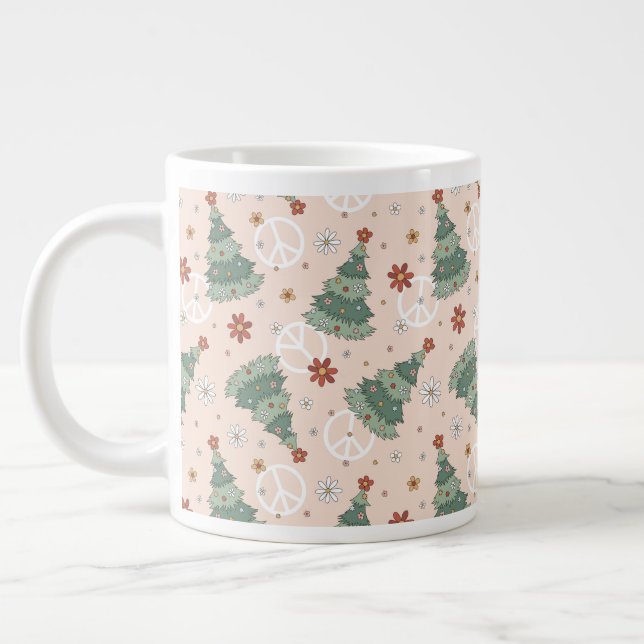 Christmas Trees and Peace Signs Pattern Giant Coffee Mug (Left)