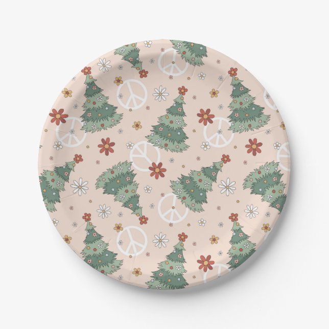 Christmas Trees and Peace Signs Pattern Paper Plates (Front)