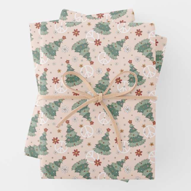 Christmas Trees and Peace Signs Pattern Wrapping Paper Sheets (In situ)