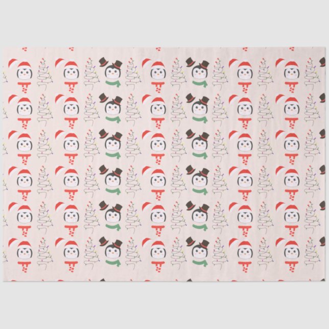 Christmas Trees and Penguins Beige Christmas Tissue Paper (Front)