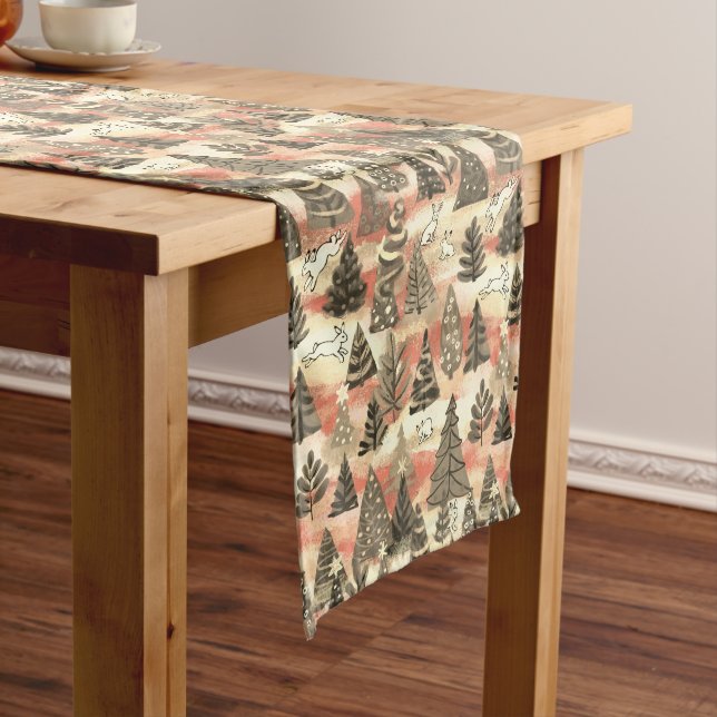 Christmas trees and snow hares long table runner (In Situ)