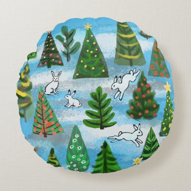 Christmas trees and snow hares round pillow (Front)