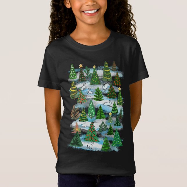 Christmas trees and snow hares T-Shirt (Front)
