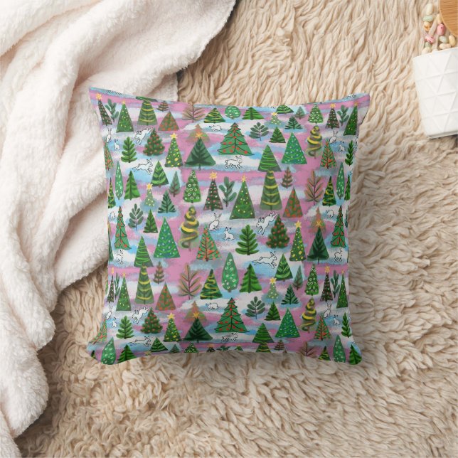 Christmas trees and snow hares throw pillow (Blanket)