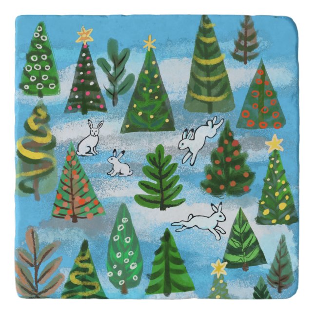 Christmas trees and snow hares trivet (Front)
