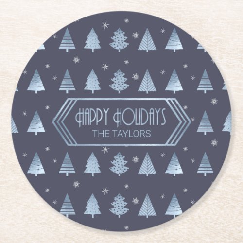 Christmas Trees and Snowflake Pattern Blue ID863 Round Paper Coaster