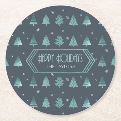 Christmas Trees and Snowflake Pattern Teal ID863 Round Paper Coaster