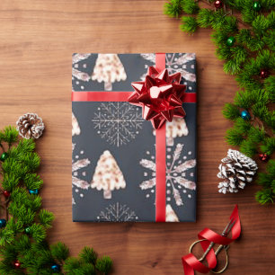 Christmas Trees and Snowflakes Black Christmas Wrapping Paper
