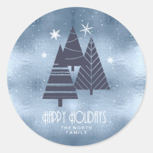 Christmas Trees and Snowflakes Blue ID863 Classic Round Sticker