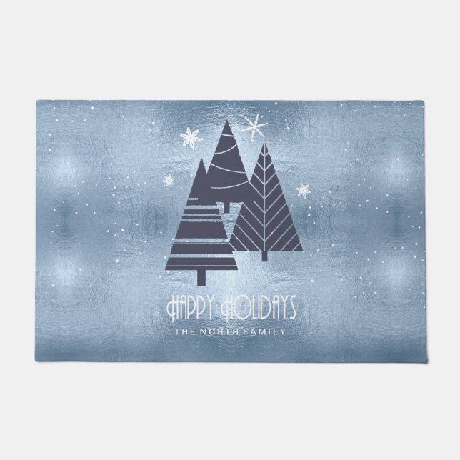 Christmas Trees and Snowflakes Blue ID863 Doormat (Front)
