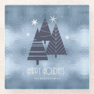 Christmas Trees and Snowflakes Blue ID863 Glass Coaster