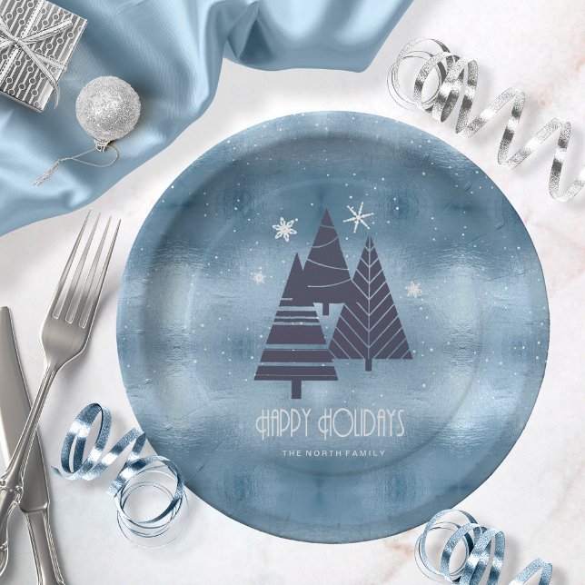 Christmas Trees and Snowflakes Blue ID863 Paper Plates (Creator Uploaded)