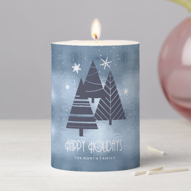 Christmas Trees and Snowflakes Blue ID863 Pillar Candle (In Situ)