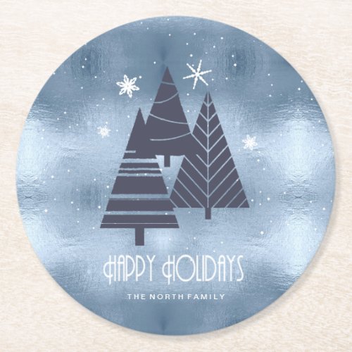 Christmas Trees and Snowflakes Blue ID863  Round Paper Coaster