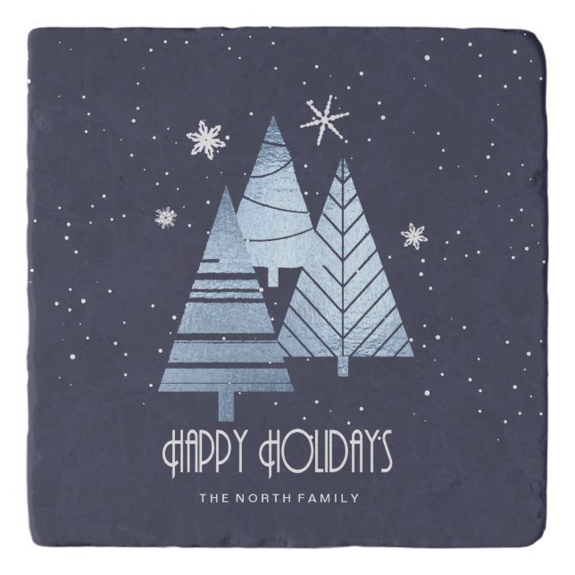 Christmas Trees and Snowflakes Blue ID863 Trivet (Front)