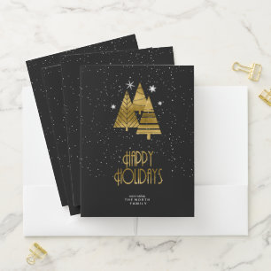 Christmas Trees and Snowflakes Gold/Black ID863 Pocket Folder