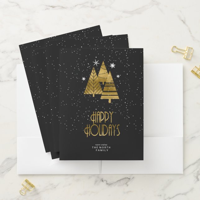 Christmas Trees and Snowflakes Gold/Black ID863 Pocket Folder (In Situ)