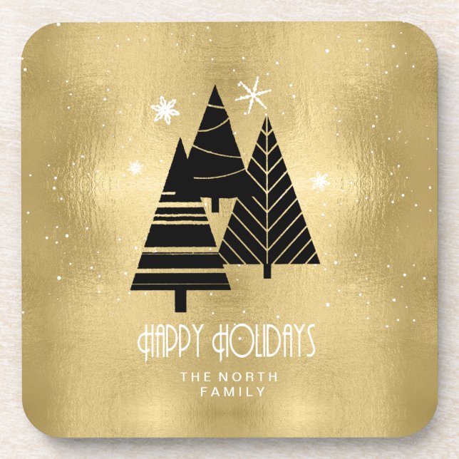Christmas Trees and Snowflakes Gold ID863 Beverage Coaster (Front)