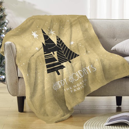 Christmas Trees and Snowflakes Gold ID863 Fleece Blanket