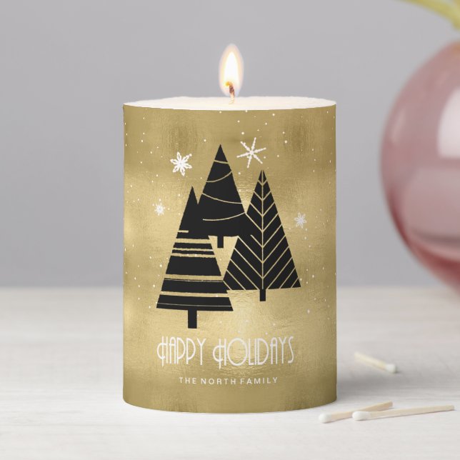 Christmas Trees and Snowflakes Gold ID863 Pillar Candle (In Situ)