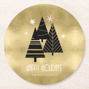 Christmas Trees and Snowflakes Gold ID863 Round Paper Coaster