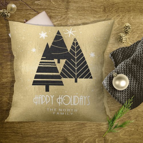 Christmas Trees and Snowflakes Gold ID863 Throw Pillow