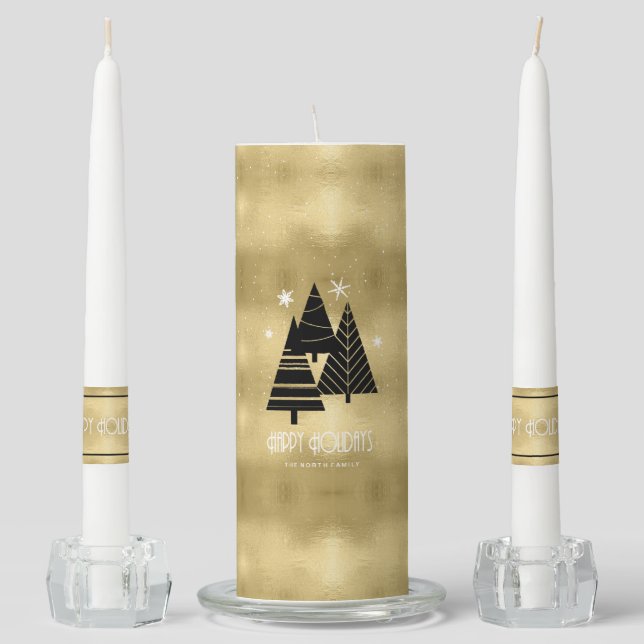 Christmas Trees and Snowflakes Gold ID863 Unity Candle Set (Front)