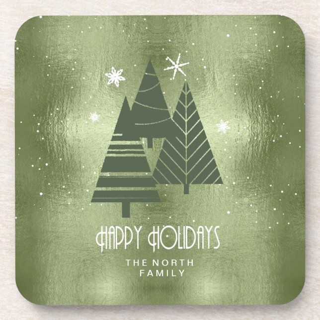 Christmas Trees and Snowflakes Green ID863 Beverage Coaster (Front)
