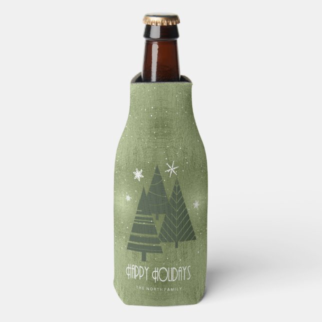 Christmas Trees and Snowflakes Green ID863 Bottle Cooler (Bottle Front)