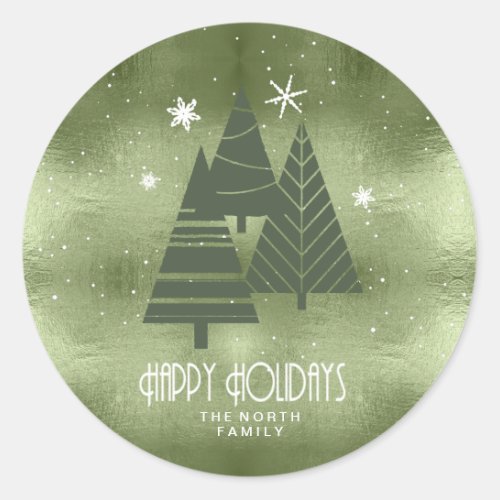 Christmas Trees and Snowflakes Green ID863 Classic Round Sticker