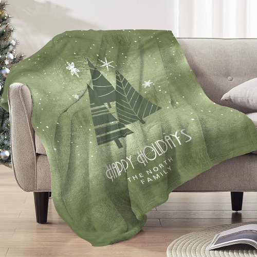 Christmas Trees and Snowflakes Green ID863 Fleece Blanket