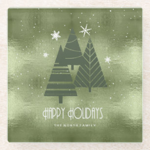 Christmas Trees and Snowflakes Green ID863 Glass Coaster