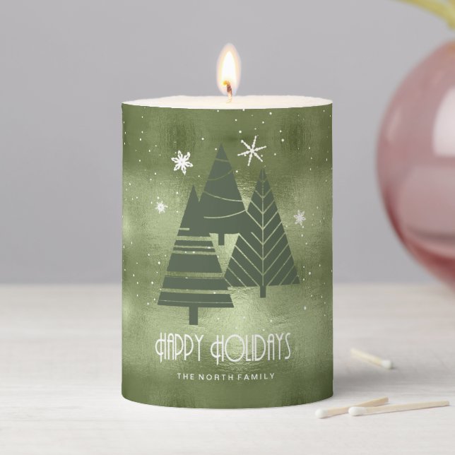 Christmas Trees and Snowflakes Green ID863 Pillar Candle (In Situ)