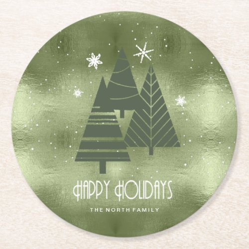 Christmas Trees and Snowflakes Green ID863 Round Paper Coaster