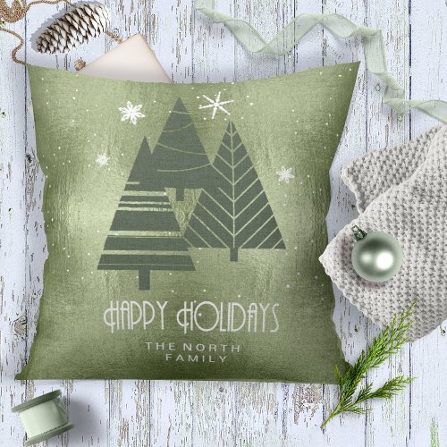 Christmas Trees and Snowflakes Green ID863 Throw Pillow