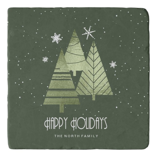 Christmas Trees and Snowflakes Green ID863 Trivet (Front)