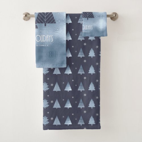 Christmas Trees and Snowflakes Pattern Blue ID863 Bath Towel Set