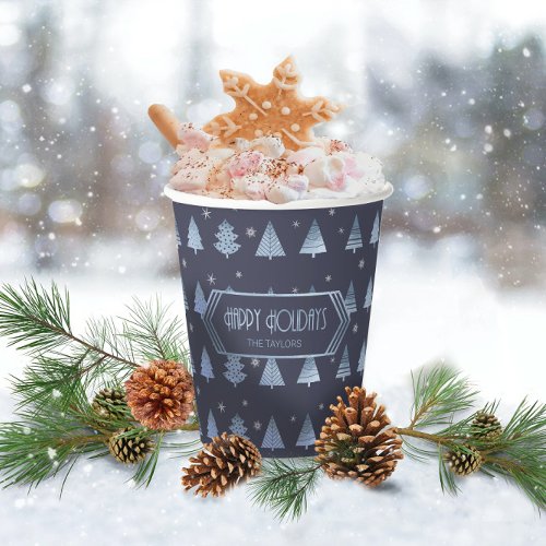 Christmas Trees and Snowflakes Pattern Blue ID863 Paper Cups
