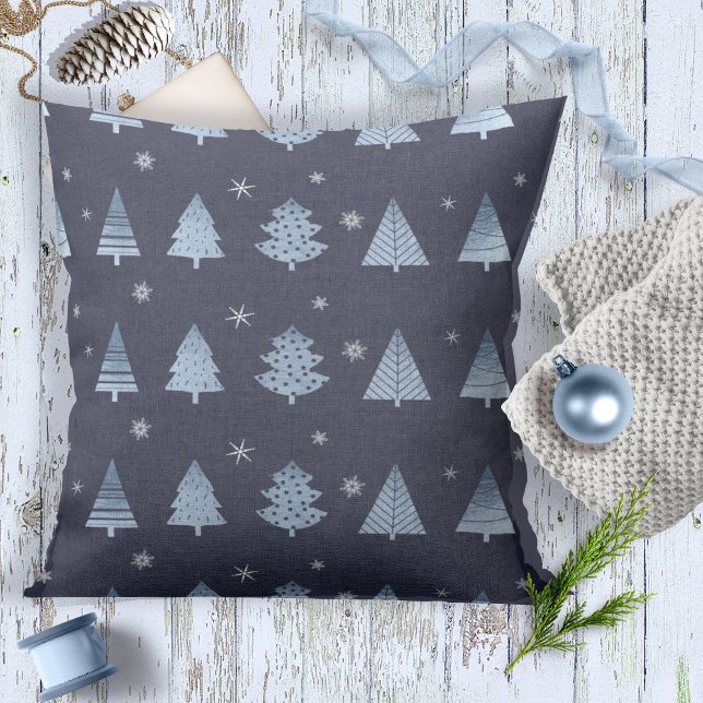 Christmas Trees and Snowflakes Pattern Blue ID863 Throw Pillow (Creator Uploaded)