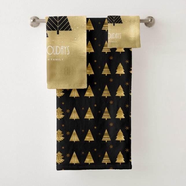 Christmas Trees and Snowflakes Pattern Gold ID863 Bath Towel Set (Insitu)
